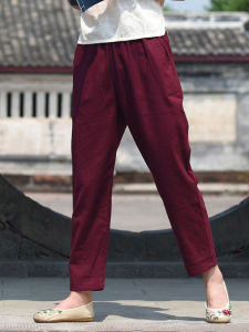 กางเกงขายาวทรงหลวมสไตล์ลำลองสำหรับผู้หญิง กางเกงขายาวทรงหลวมเอวยางยืดผ้าฝ้ายลินินสีเข้ม สไตล์ลำลอง ฤดูใบไม้ร่วง 2023