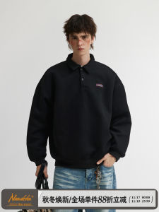 Retro Polo Neck Sweatshirt Mens Basic Solid Color Long Sleeve Casual Loose Fit Spring Autumn Versatile Youth Trend Cotton Polyester Blend