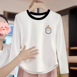 White Long Sleeve round Neck Color Block Base Shirt Spring Autumn New Design Sensation Commute Style Korean Version Slim Fit