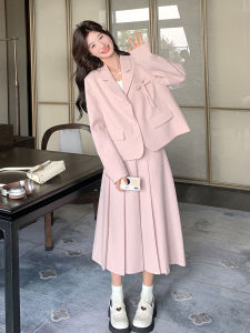 Pink Sweet Fresh Style Womens Suit Set Spring 2025 New Half-length Pleated Long Skirt Two-piece Set Fashionable Casual Wear
