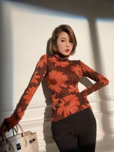 XULU Original Luxury Elastic Shiny Gold Thread Printed Long Sleeve High Collar Commute Elegant Slim Fit Versatile Base Shirt