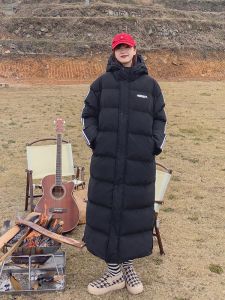 Knee-Length Letter Print Cotton Jacket Womens Loose Fit Korean Style Coat Overcoat Thickened Long Sleeve Zipper Closure