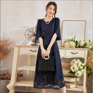 Sweet Fresh Style Long Lace Dress Womens Midi Skirt Splice Sleeve round Neck Long Dress Small Ceremony Dress 88530