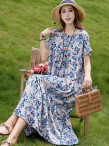 Casual Cotton Silk Dress for Middle-Aged And Elderly Summer Fashionable Loose Mommy Style Printed A-Line Dress Breathable