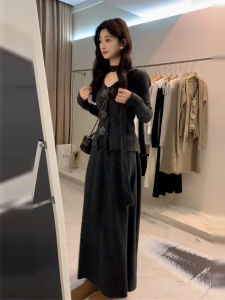Neckline Knitted Long Dress Womens Autumn Winter New Small Size Year End Celebration Outfit Whole Set A-Line Skirt Dress