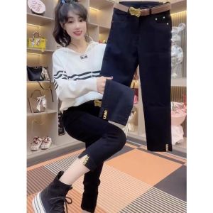 กางเกงยีนส์ทรงตรงเอวสูงสำหรับผู้หญิงไซส์ใหญ่ ทรงสลิม เอวยางยืด ทรงขากระบอกเล็ก กางเกงขายาวทรงลำลอง