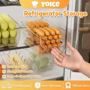 Yoice Transparent Multipurpose Fridge Organizer Vegetable Fruit Drink Bottle Storage Basket with Drainage Board Kitchen Multifunctional Box PET Plastic Rectangular Large Open Storage Box