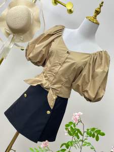 Square Neck Puff Sleeve Bow Tie Blouse
