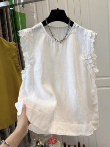 Shalldoer | French Style Slimming Round Neck Splice Lace Small Flying Sleeve Shirt Women Loose Youthful Summer Casual Fashion Top