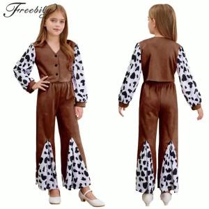 Kanak-kanak Halloween barat koboi Cowgirl Cosplay kostum Long Sleeve tanaman atas dengan seluar bawah Bell untuk parti tema R berdandan