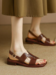 French Vintage Brown Roman Sandals Open Toe Low Heel Beach Shoes Womens Large Size 41 Soft Bottom Slip-On College Style