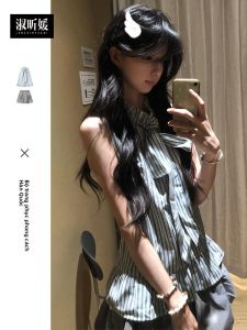 SUSIEYUAN | Áo sơ mi nữ tay ngắn cổ đứng sọc thời trang mùa hè 2025 phong cách Hàn Quốc tươi mới nơ thời trang đường phố nhỏ