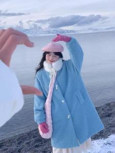 Color Block Blue Woolen Coat Womens Winter Design Sense Fur Collar Mid-Length Knee-Over Cotton Lined Thickened Long Sleeve