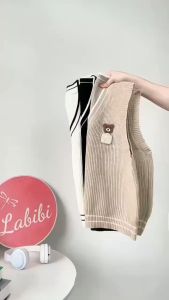 💥[A393] Áo len Montoghi dệt kim GILE phối GẤU CON kẻ viền cổ V dễ phối đồ hàng QC xinh xắn - L2M