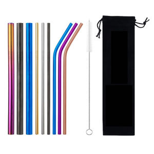 Reusable Drinking Straw 304 Stainless Steel Straws Straight Bent Metal Straw with Cleaner Brush Black Velvet Bag Pouch Wholesale