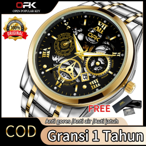 OPK Jam Tangan Pria Anti Air Original Terbaru 2025 Multifungsi Stainless Steel Luminous Kalender Analog Fashion Hitam Emas Men