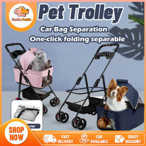 Pet Dog Cat Stroller Detachable Carrier 2-in-1 Pets Puppy Water-resistant Cover Collapsible Lightweight With Dinner Plate and Storage Basket
