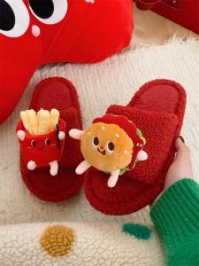 Festive Red Couple Cotton Slippers Cute New Home Shoes Lucky Year One-Strap Fur Slippers Warm Thick Bottom Indoor Shoes