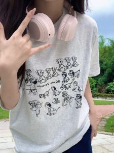 เสื้อยืดคู่รักคอตตอนสีขาวและสีเทาลายสก็อตสำหรับผู้หญิงในช่วงฤดูร้อน ทรงหลวม แขนสั้น คอกลม เสื้อผ้าทำงานสไตล์เกาหลี