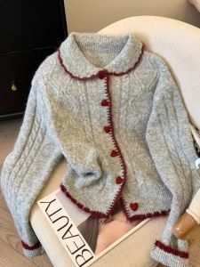 เสื้อคาร์ดิแกนถักคอปกสไตล์ฝรั่งเศสย้อนยุคสำหรับผู้หญิง ฤดูใบไม้ร่วง ดีไซน์เก๋ไก๋ ลำลอง แฟชั่น แขนยาว ปกติ