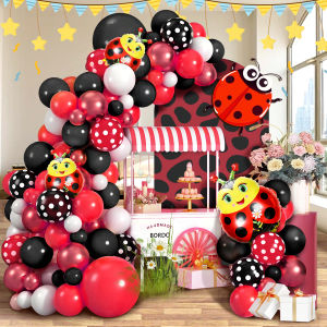 112pcs Red and Black Ladybug Themed Balloon Arch Set with Ladybug Shaped Balloons Red Black and White Polka Dot Pattern Ballo