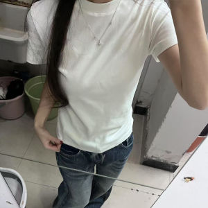 American Retro Short Sleeve T-Shirt Womens Slim Fit Pure Color Summer Top French Style High Waist Knitted Cotton round Neck