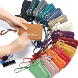 BUSH หนังฟอกฝาด กระเป๋าใส่เงิน ช่องเสียบการ์ดหลายช่อง สีทึบทึบ กระเป๋ามีซิป แฟชั่นสำหรับผู้หญิง ใช้งานได้หลากหลาย กระเป๋าสตางค์พวงกุญแจ สำหรับผู้หญิง