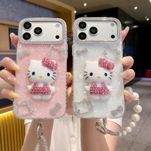 Sanrio | 3D Bling Hello Kitty Diamond Phone Case For iPhone 17 16 15 14 13 12 11 Pro Max Plus Glitter Girls Back Cover with Pearl Chain