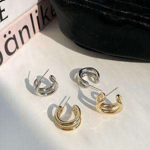 S925 Silver Double Layer C-Shaped Earrings Elegant Simple Metal Design Hong Kong Style Faux Pearl Womens Fashion Jewelry