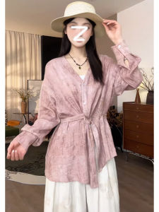 French Elegant V-neck Tied Long Sleeve Shirt Women Spring plus Size Slimming Asymmetrical Waist-cinching Fashionable Top