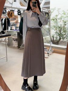 High Waist A-Line Skirt Womens Elegant Pleated Midi Skirt Korean Style Commute High Waist Slimming Skirt for plus Size