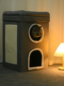 Lovinland Cat Tree Bed with Scratching Board Four Season Pet Cats Furniture Winter Warm Cat House 3 Tier Pet Cave Foldable Bed for Indoor Kittens Shelter Nest