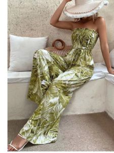 Bohemia Summer Fashion off-Neck Bandeau One-Shoulder Leaves Print Loose Wide Leg Jumpsuit Jumpsuit