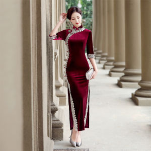New 2025 Gold Velvet Cheongsam Long Evening Gown for Women Wedding Banquet High Quality Mom Elegant Personality Ceremony Dress