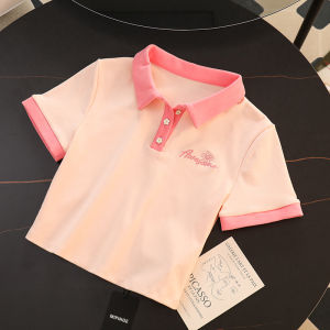 Pink Polo Neck Sweet Niche Shoulder Short Sleeve T-Shirt Women Summer New Slim Fit Top Ins Thin Effect Korean Style Cotton Tee