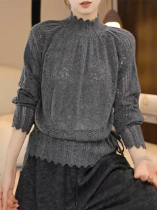 QINGNAER | Elegant Lace-up Hollow-out Collar Knitted Sweater Large Size