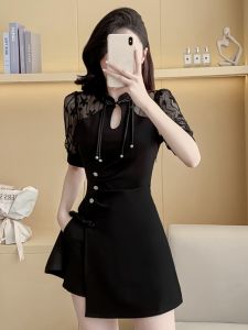 Black Lace Improved Cheongsam Style Dress Foot Bath Technician Work Uniform Womens Fashion Set Short Sleeve Zipper Cotton Dress