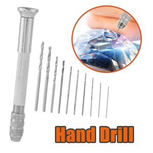 1pc/10pcs Mini Hand Drill Manual Twist Drill Tool 4 Heads 0.8-3.0mm for Walnut Craft Jewelry Making DIY Precision Rotary Tool