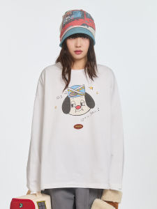 TIPSEVEN Original Design Casual Streetwear Cartoon Dog Pattern Loose Long Sleeve T-Shirt Spring 2025 Womens Fashion Cotton