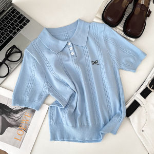 Phong Cách Hàn Quốc Thời Trang Sành Điệu Đa Năng Nút Thắt Bướm Thêu Cổ Polo Áo Sơ Mi Dệt Kim Tay Ngắn Có Nút Đơn Áo Sơ Mi Cơ Sở Cho Nữ Mùa Hè