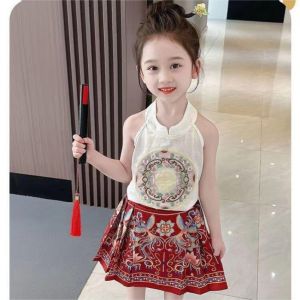 ชุดเด็กผู้หญิงแขนกุดปักลายสไตล์จีนโบราณ ชุดเด็กผู้ชายฤดูร้อนบาง ชุดเด็กผู้หญิงผ้าไหม ชุดเด็กผู้ชายผ้าฝ้าย ชุดเด็กผู้หญิง