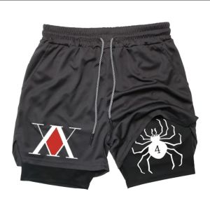 Mens Spider Print Anime Gym Shorts 2in1 Bilayer Quick-Drying Breathable Sweat-Absorbing Gym Sports Jogging Pants Summer Sport