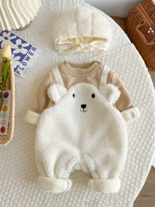 Autumn Winter Baby Romper Suit Fleece Lined Outfit Boys Girls Baby Clothes Full Month Hat Included Adorable Infant Outfit