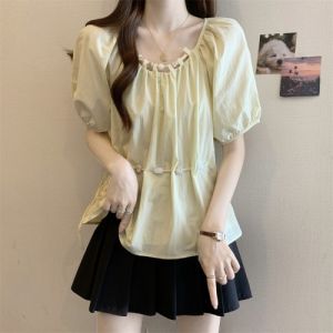WANGGONGZHU | Princess Style Bubble Sleeve Shirt Womens Summer New Waist-Cinching Doll Design Slimming Fashionable Top Casual Lace Short Sleeve Round Neck