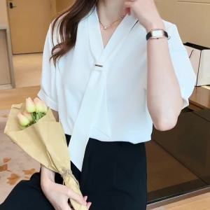 AMMIN Korean Style Fashion Beaded Tie Design V-Neck Commuter White Chiffon Shirt Womens Summer 2025 New Natural Vertical Sense Short Sleeve Elegant Blouse