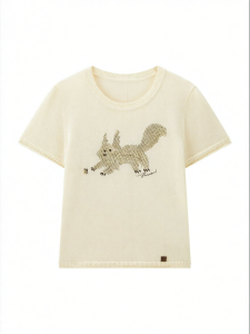 PEACEBIRD | Squirrel Embroidered Short Sleeve Linen Tencel Blend Knit