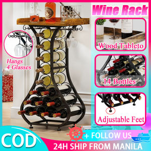14 Bottles Wine Rack Organizer Steel Floor Standing Wine Bottle Display Stand With Wooden Desktop Glass Holder Wine Storage Rack With Adjustable Feet Space Saving Bar Stand For Home Bar Kitchen Dining Room