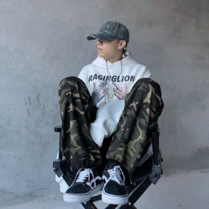 Retro American ลายพราง Work กางเกง ผู้ชาย หลวม Straight High Street ฮิปฮอป INS Wide Leg Long กางเกงขายาว ทันสมัย Youth กางเกงลำลอง