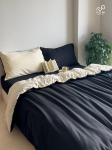 Bộ chăn mền ga gối GONI CHILL màu Đen Sữa - Ga drap giường bo chun cao 4-25cm kích thước 1m 1m2 1m4 1m6 1m8 2m2
