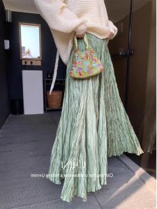 French Multi-Color Heavy Embellished A-Line Midi Skirt Womens Spring Summer Elastic Waist Slimming Loose Pleated Skirt